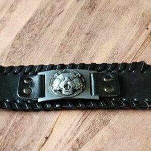 Black Leather Braided Nordic Viking Silver Tiger Bracelet